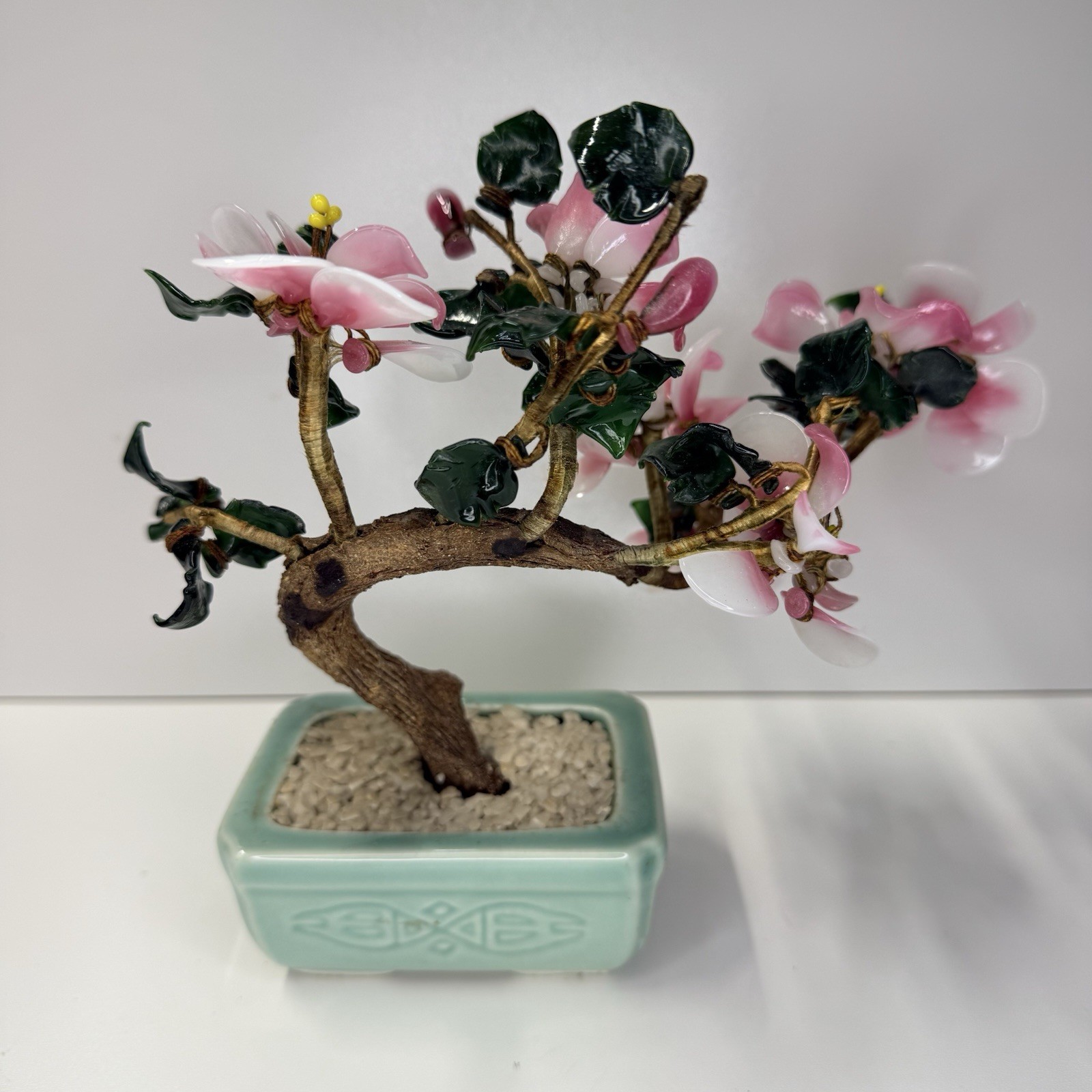 Vintage 1980’s Glass Jade Cherry Blossom Bonsai Tree