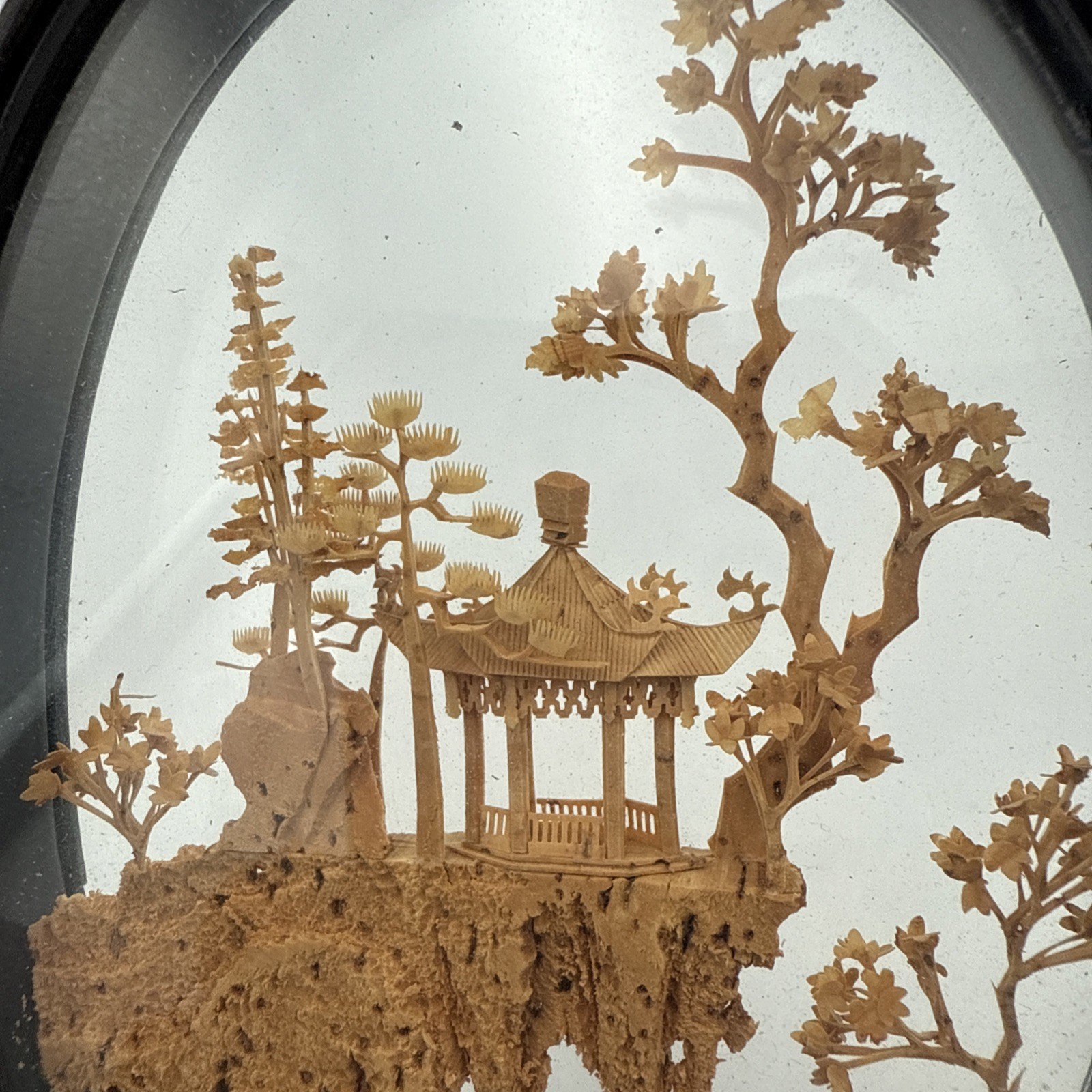 Vintage Chinese Diorama Cork Carving Glass Case Pagoda/Trees/Cranes 8”