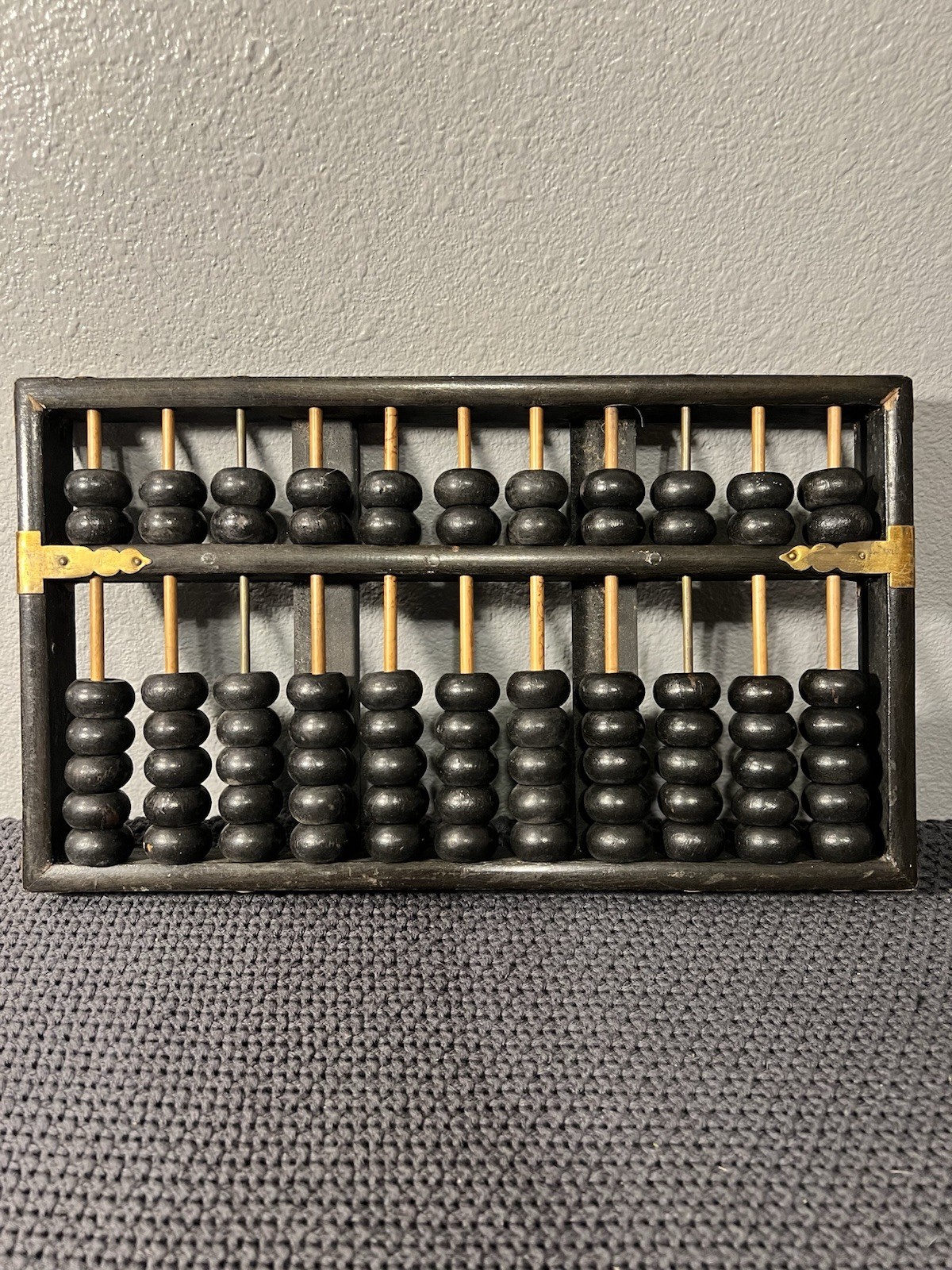 Lotus Flower Brand Abacus Black Painted Wood Brass Accents Has Wear Vintage