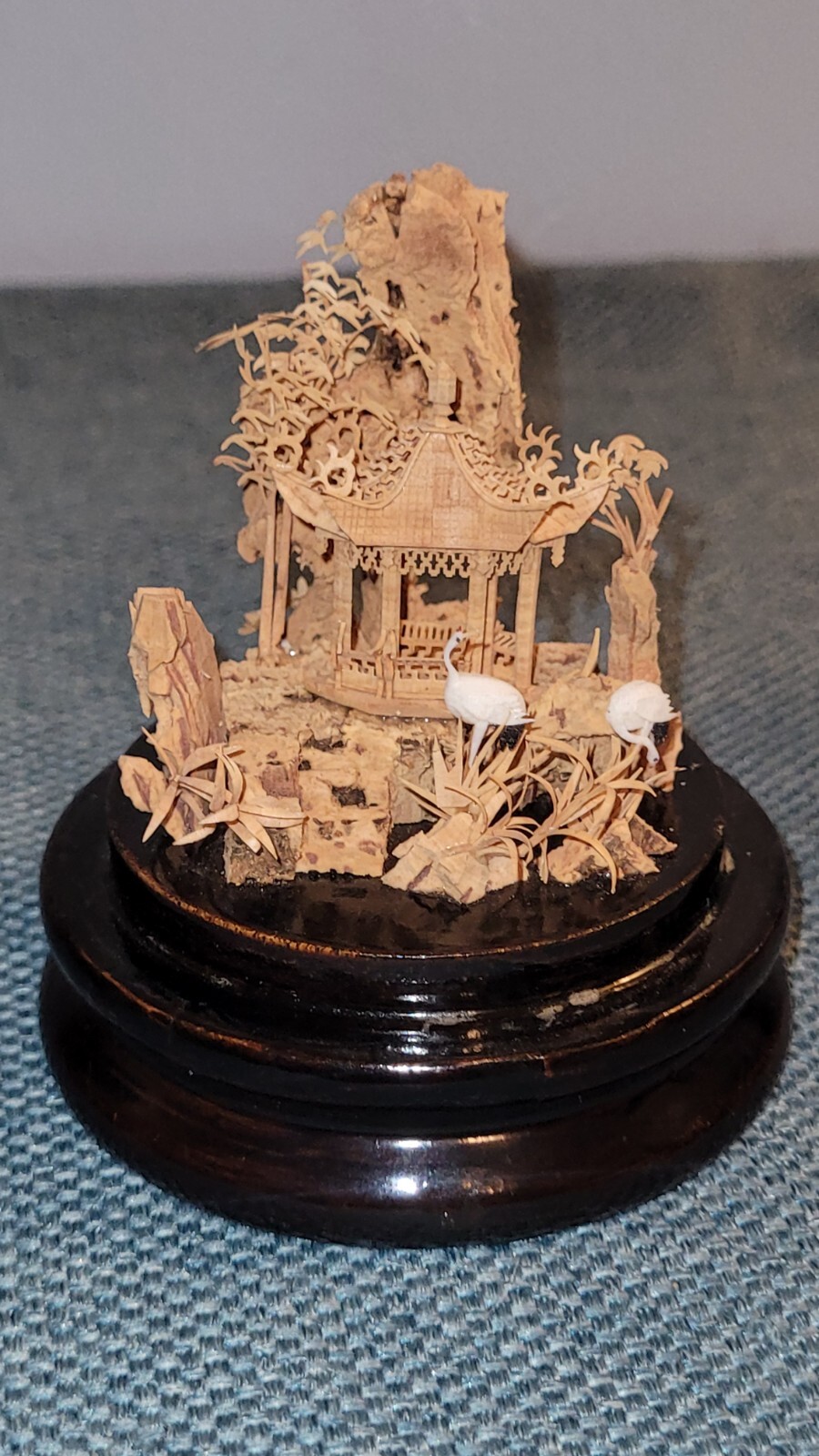 Vintage 5″ Chinese Diorama Pagoda Cork Carving Trees & Cranes Scenic Sculpture