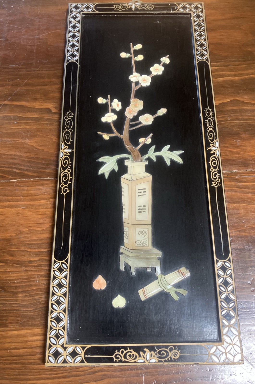Vtg Chinese Flower Pot Black Lacquer Mother Of Pearl Stone Wall Panel 12”x 34”