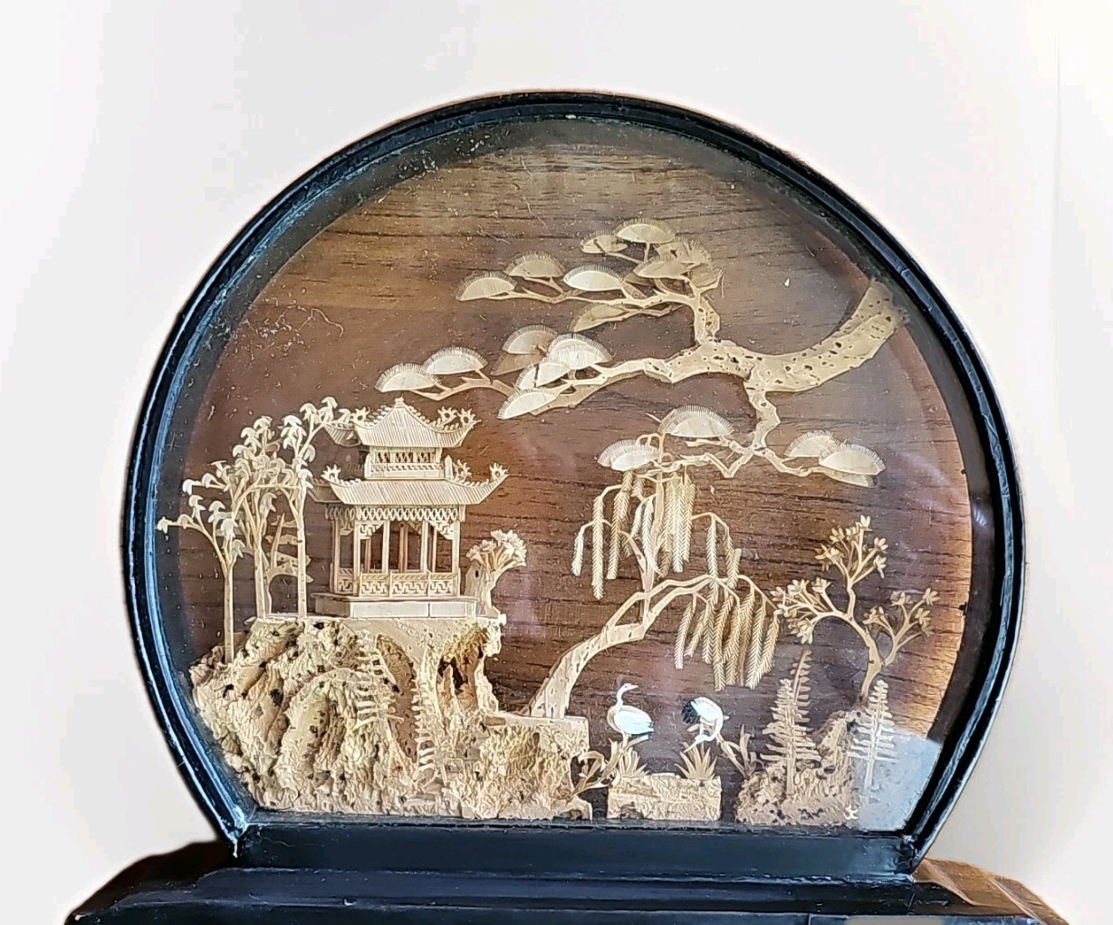 Vintage Chinese San You Diorama Cork Carving Glass Case Pagoda Trees & Cranes