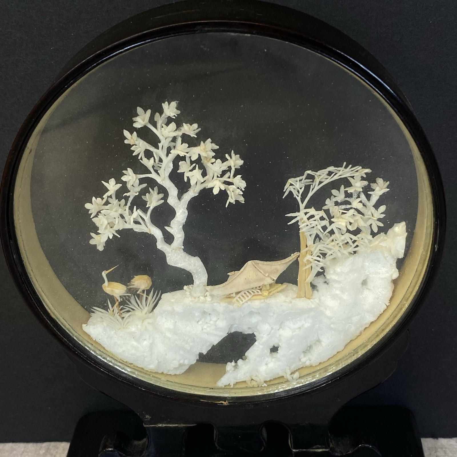 Chinese Cork Sculpture 4.5″ Round in Black Lacquered Frame Storks Pagoda decor