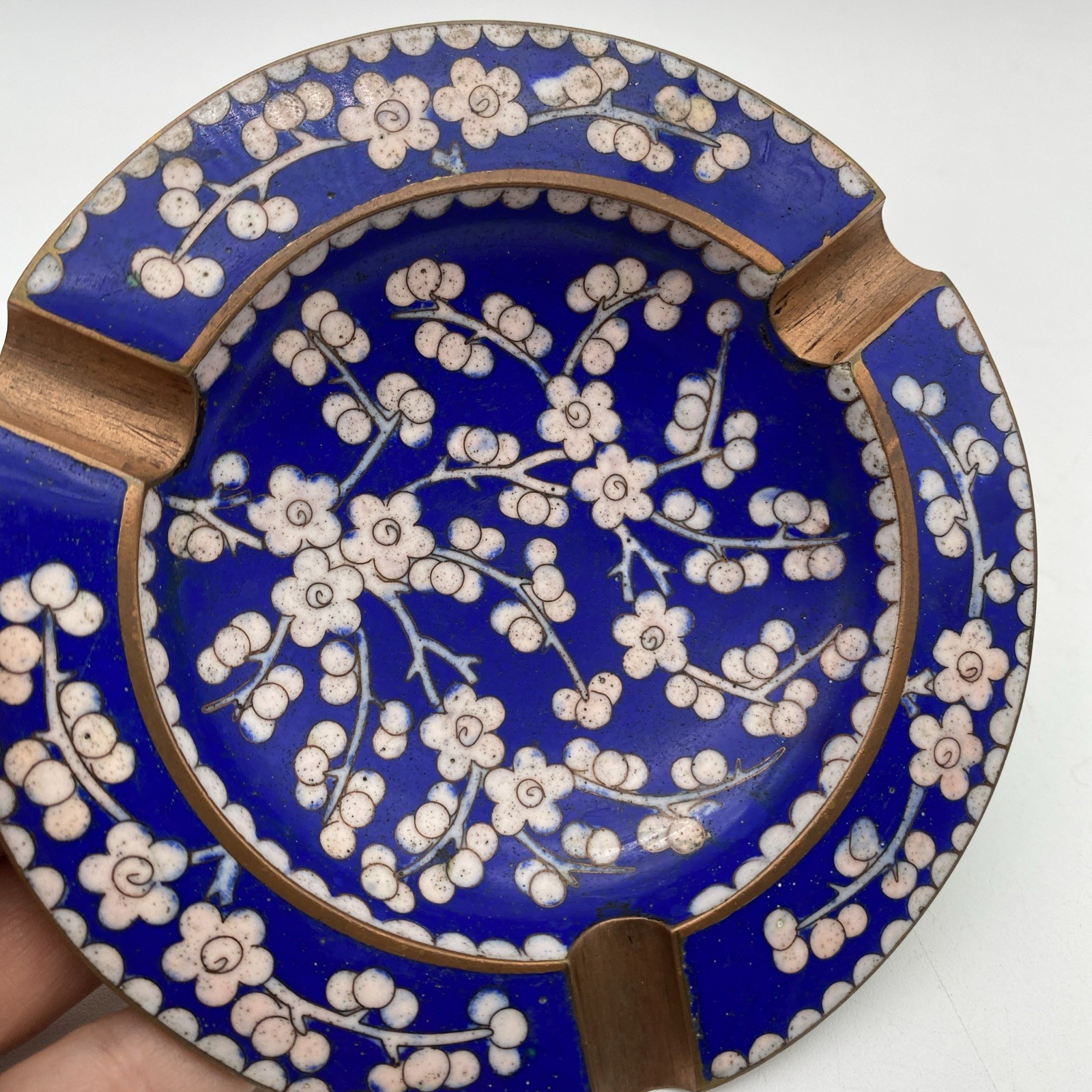 Vintage Chinese Cloisonné Blue Cherry Blossom Floral Enamel Ashtray Signed China