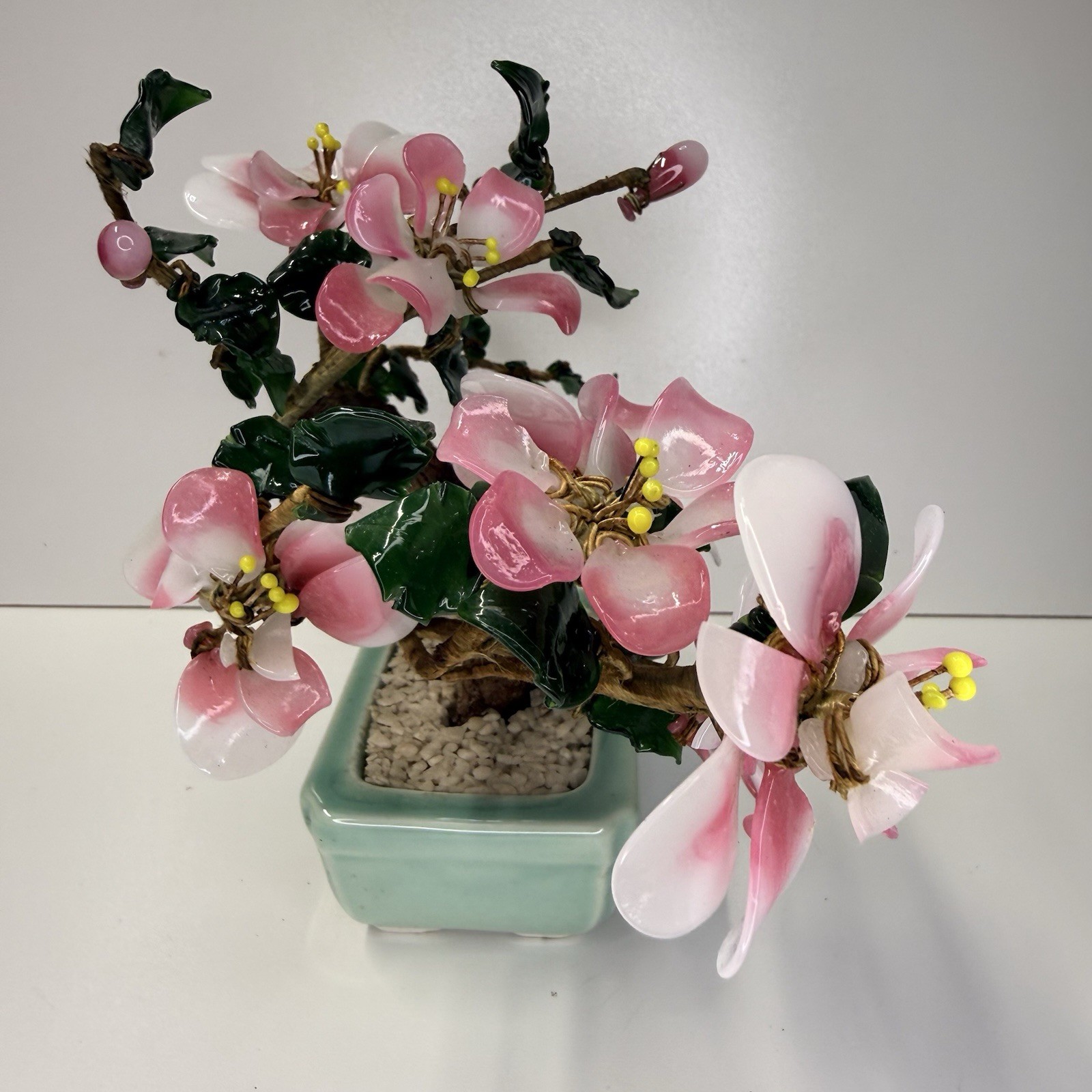 Vintage 1980’s Glass Jade Cherry Blossom Bonsai Tree