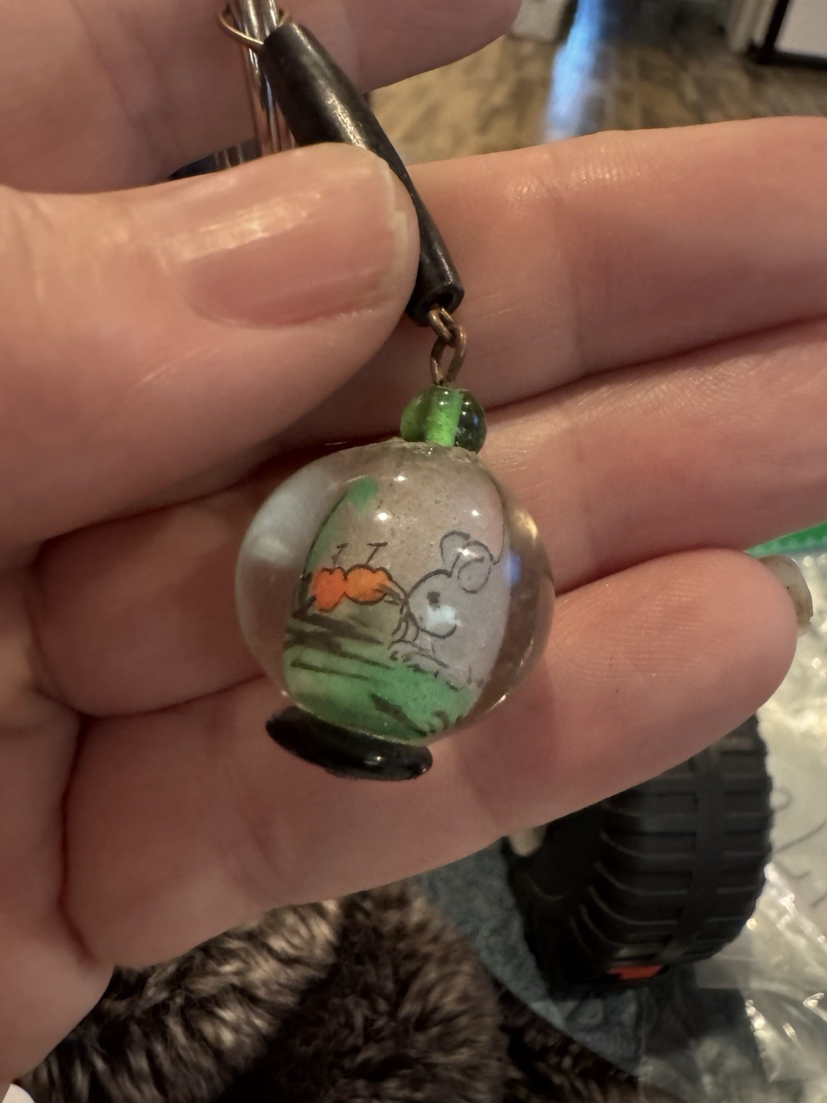 Vintage Chinese Reverse Painted Glass Pendant Keychain Fob Ring Year Of The Rat