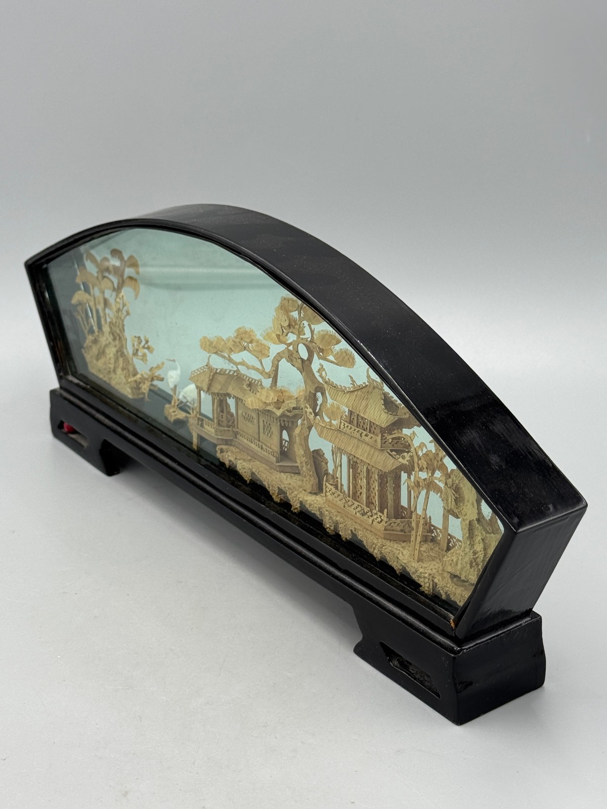 Vintage Chinese Fuzhou Cork Diorama Fan Shaped Black Lacquer Frame Pagoda 14”