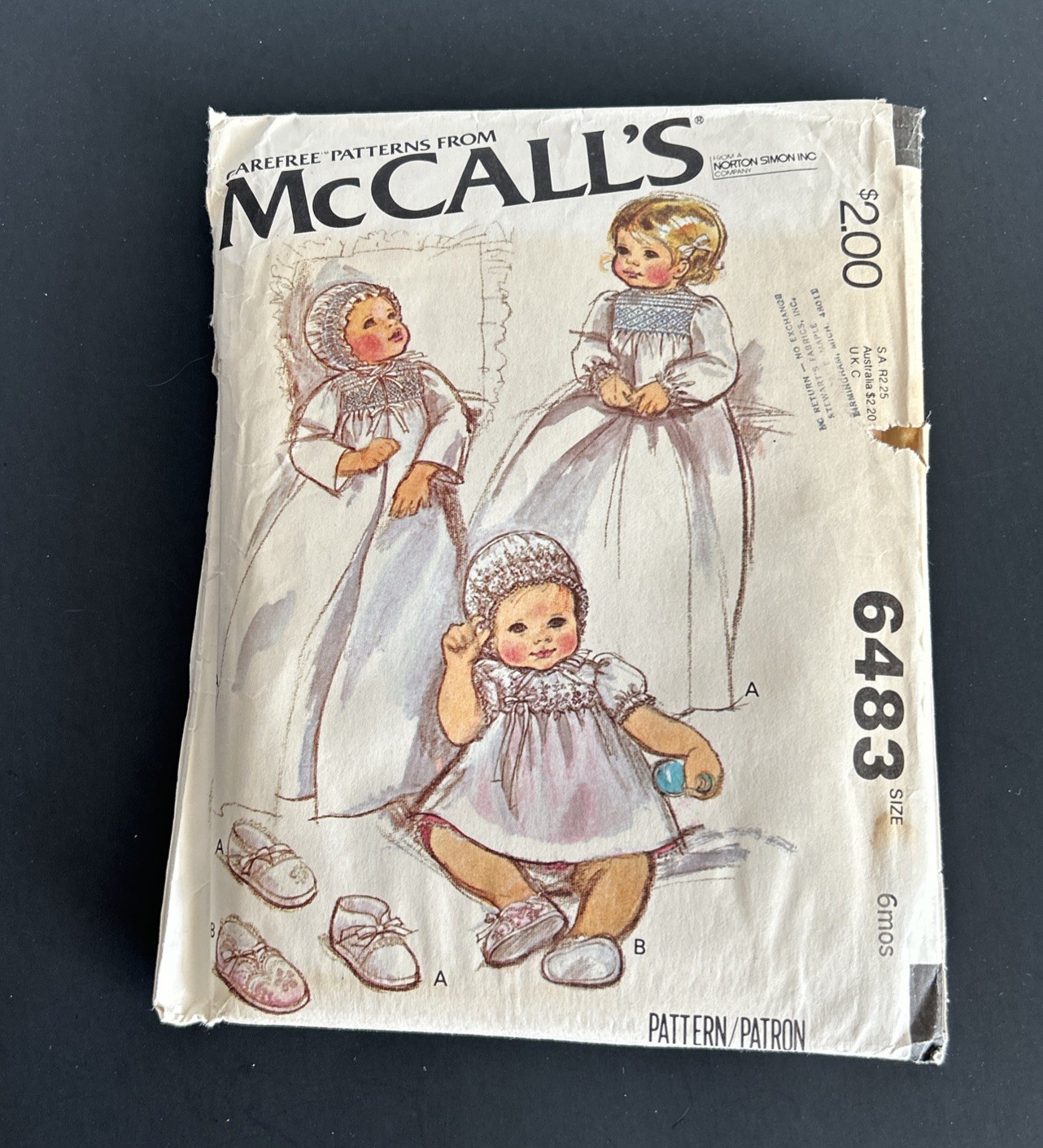 McCall’s Pattern 6483 Christening Gown Bonnet Shoes Vintage 6 Months Uncut