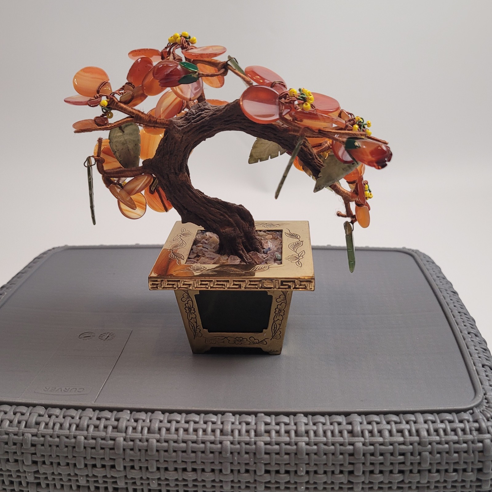 CHINESE HARDSTONE BONSAI TREE w/ CARNELIAN FLOWER/NEPHRITE INLAID JADE HONG KONG
