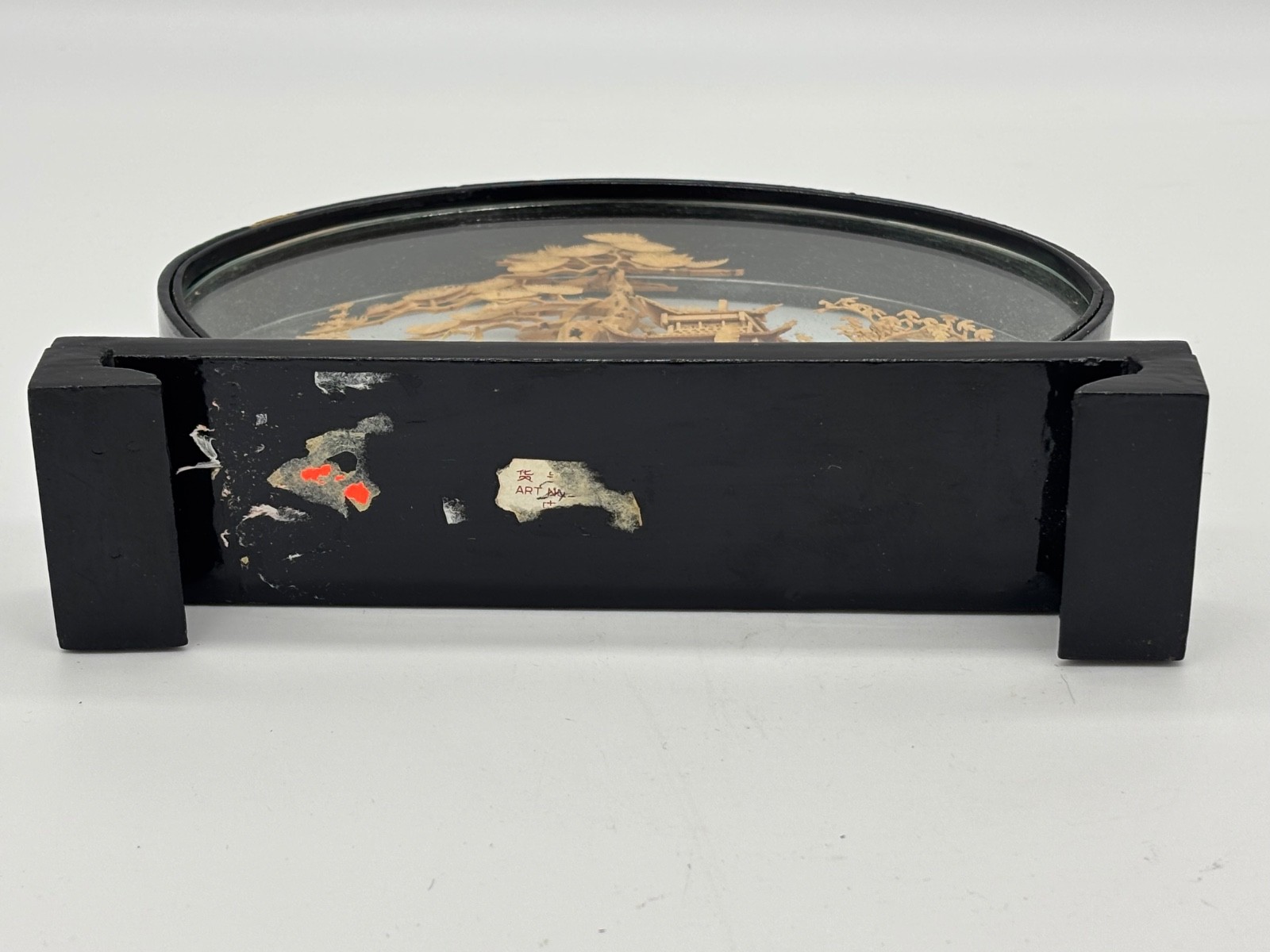 Vintage Chinese diorama featuring intricate hand-carved cork artistry enclosed