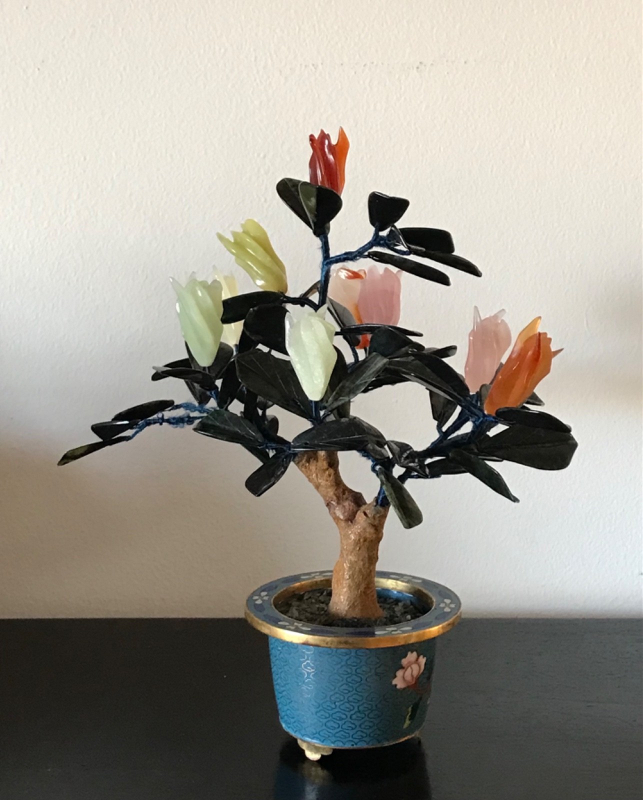 Chinese Vintage Jade Buddha’s hand Tree in Cloisonne Pot 10.5″ Inches Tall