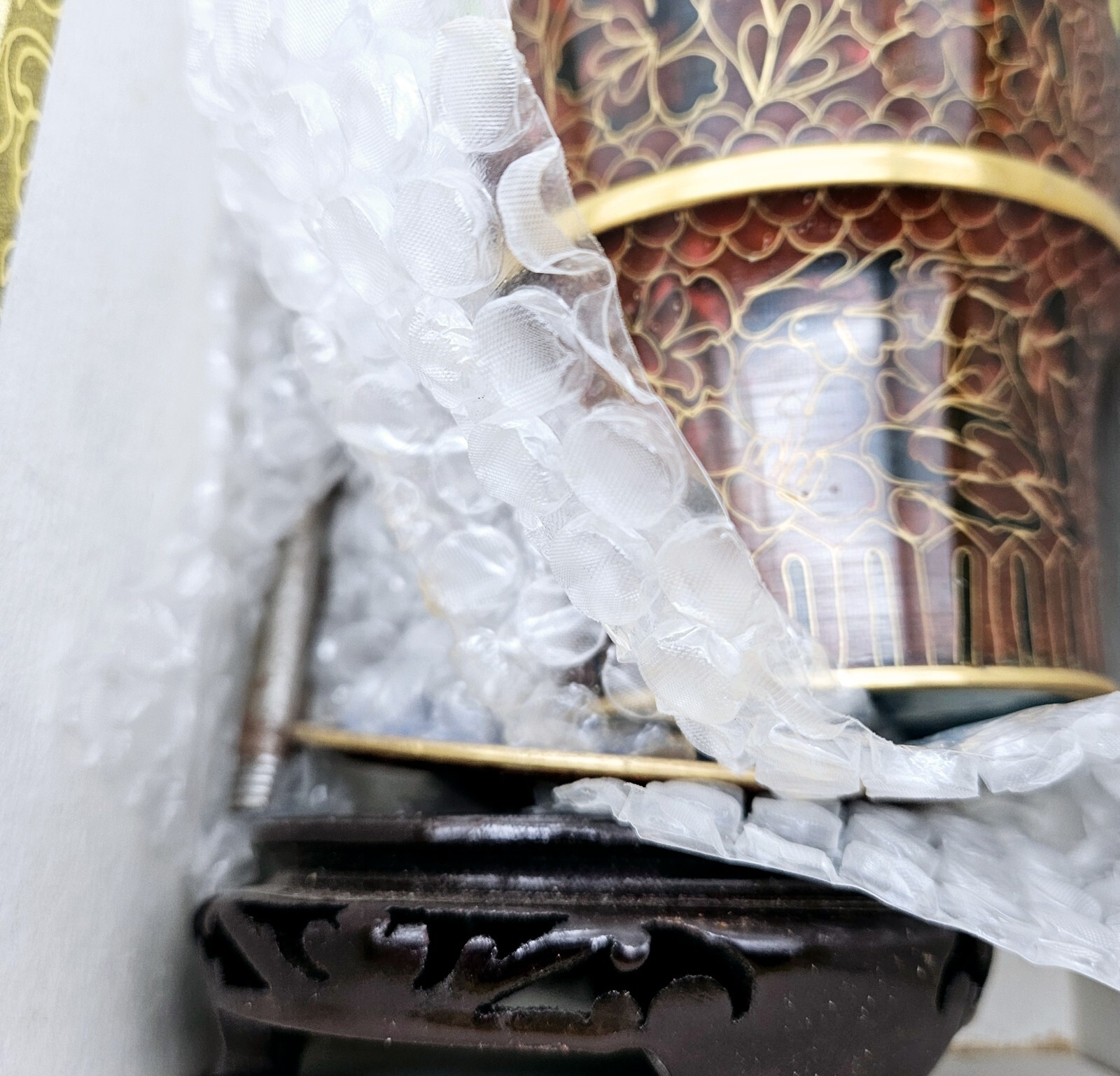 Chinese Cloisonne Ware Vase Lamp Base 12″ Brown Enamel Brass Box Wood Base