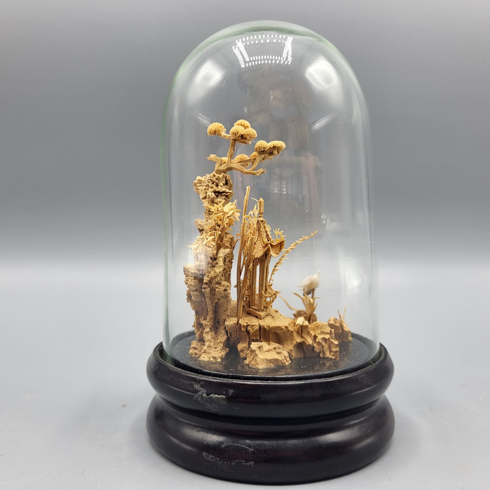 Vtg Chinese Carved Cork Diorama Glass Dome Dark Wood Base Small Shelf Decor READ
