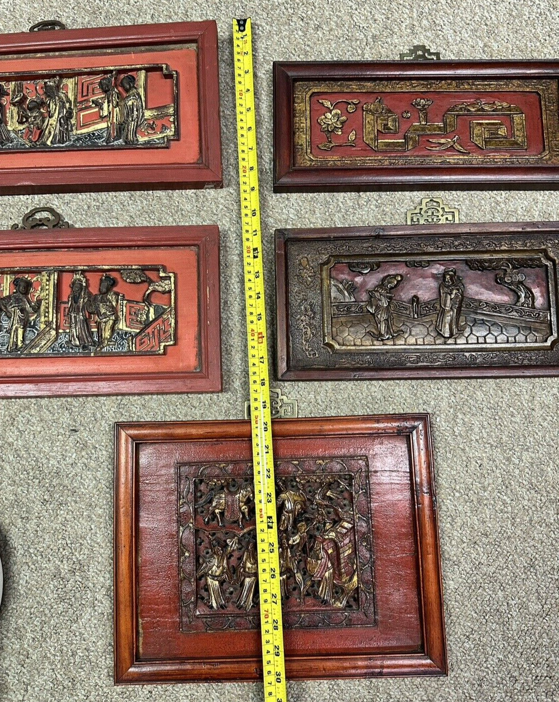Lot of 5 Asian Chinese Hand Carved Painted Wood Panels Wall Hangings Décor