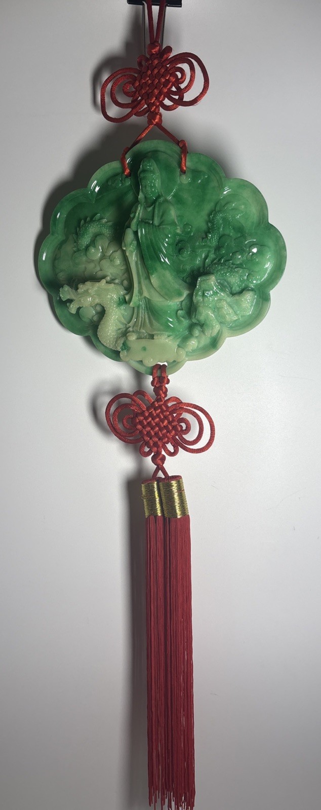 Faux Jade Goddess God Dragon Wall Hanging Green Resin Red Tassel Decor