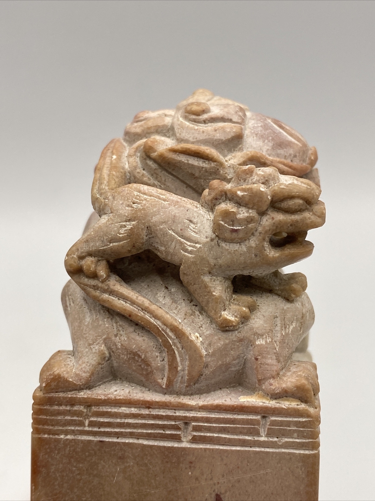 Vintage Carved Chinese Soapstone Seal Foo Dog Lion 1.5”sq x 4.5” Tall