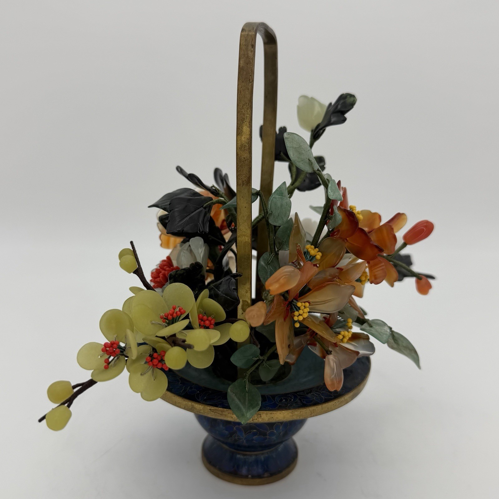 Vintage Jade Bonsai Tree Flowers Basket Cloisonné Pot 7.5” Brass Handle