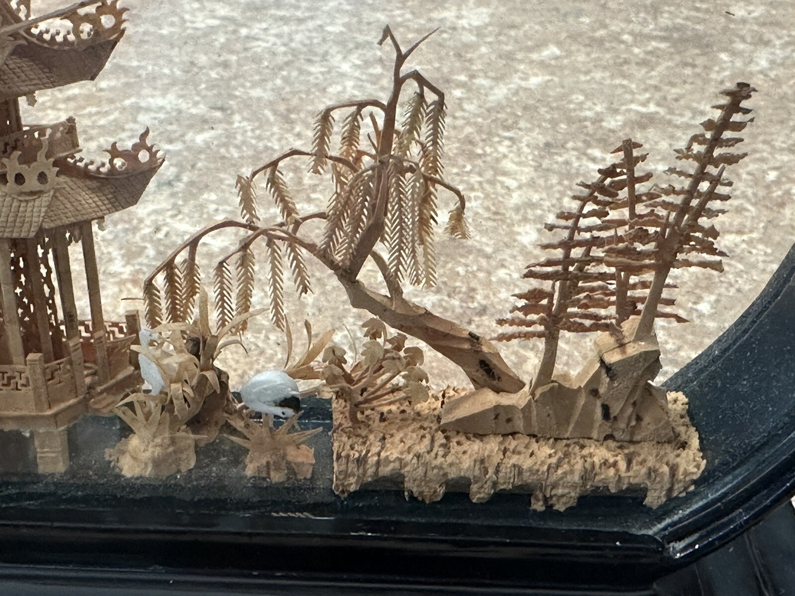 VINTAGE CHINESE DIORAMA CORK CARVING GLASS CASE PAGODA TREES & CRANES