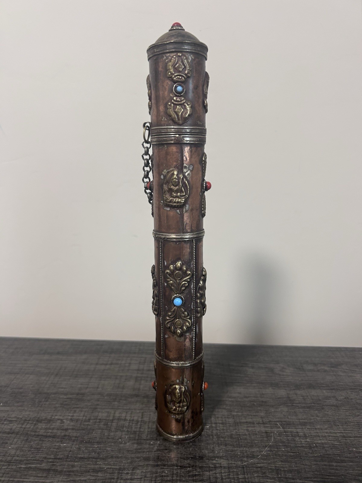 Tibet Copper Inlaid with Green Pine Stone Incense Cylinder -Collectible