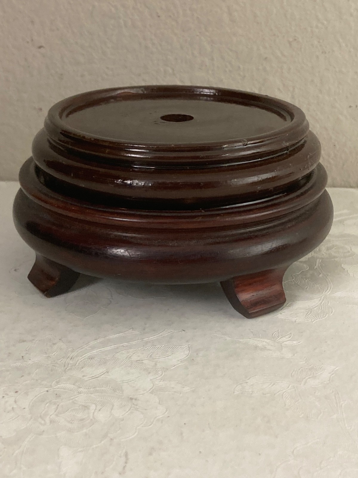 2 Asian Rosewood Hand Carved Round Bases- one w/hole, 2nd solid, 3 footed