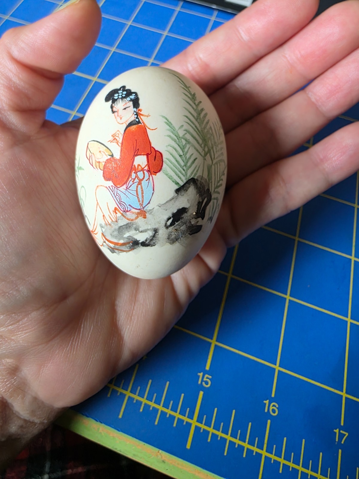 VTG Chinese Oriental Asian Hand Painted Egg Geisha Trees