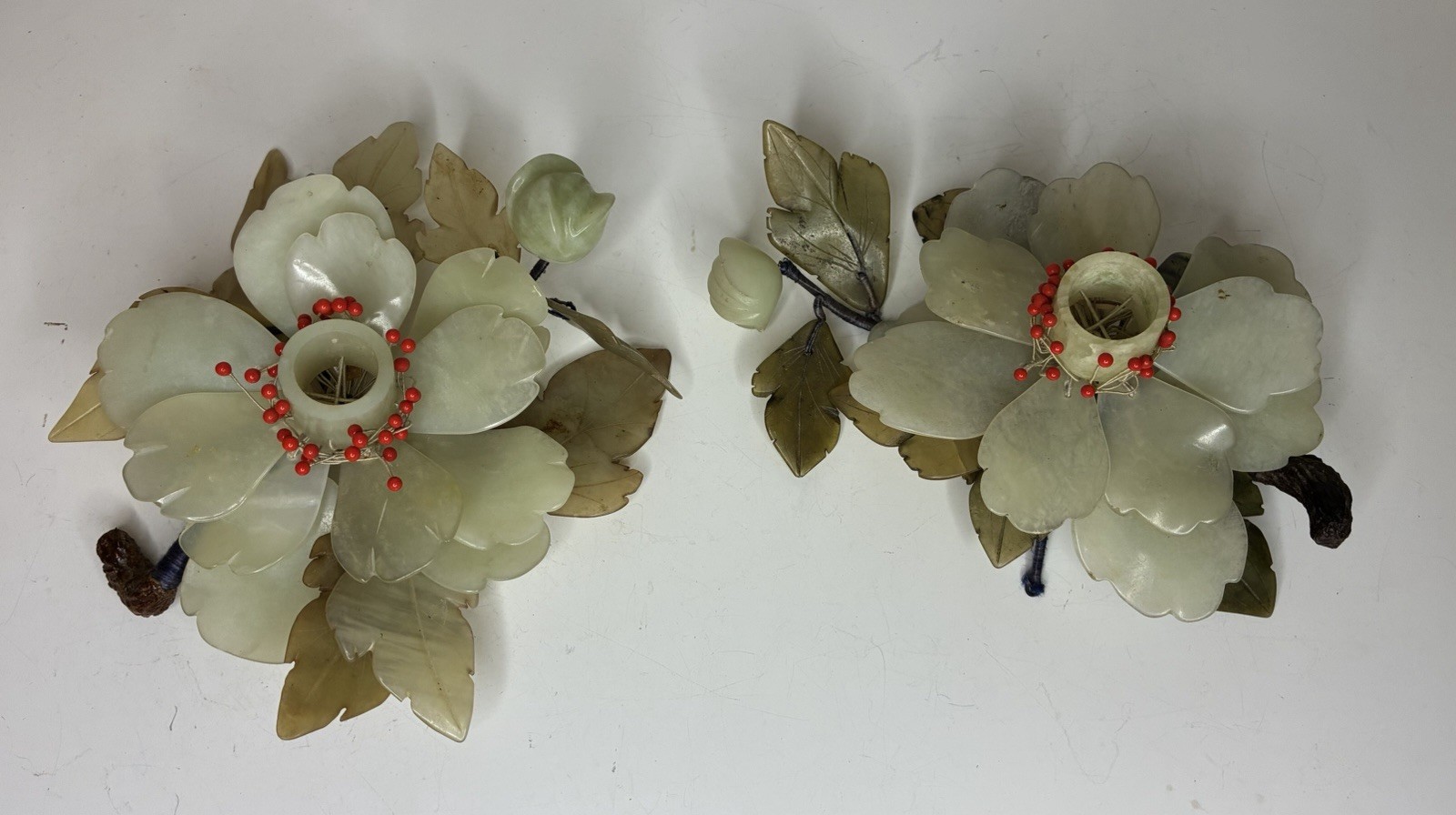 Vintage Chinese Hand Carved Jade Lotus Flower Candle Holder Centerpiece Set of 2