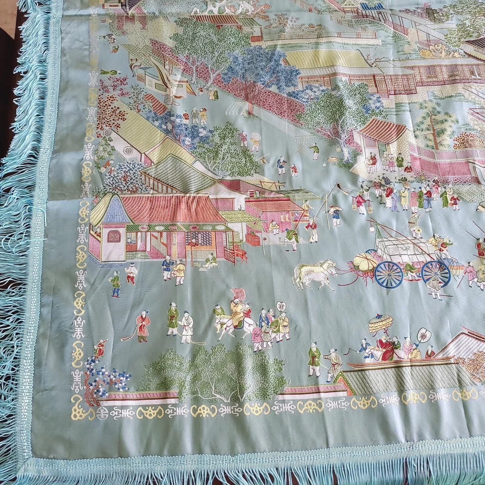 Vintage Gorgeous “Brocaded Flowers” Chinese Silk Tapestry Tablecloth 80″x54″