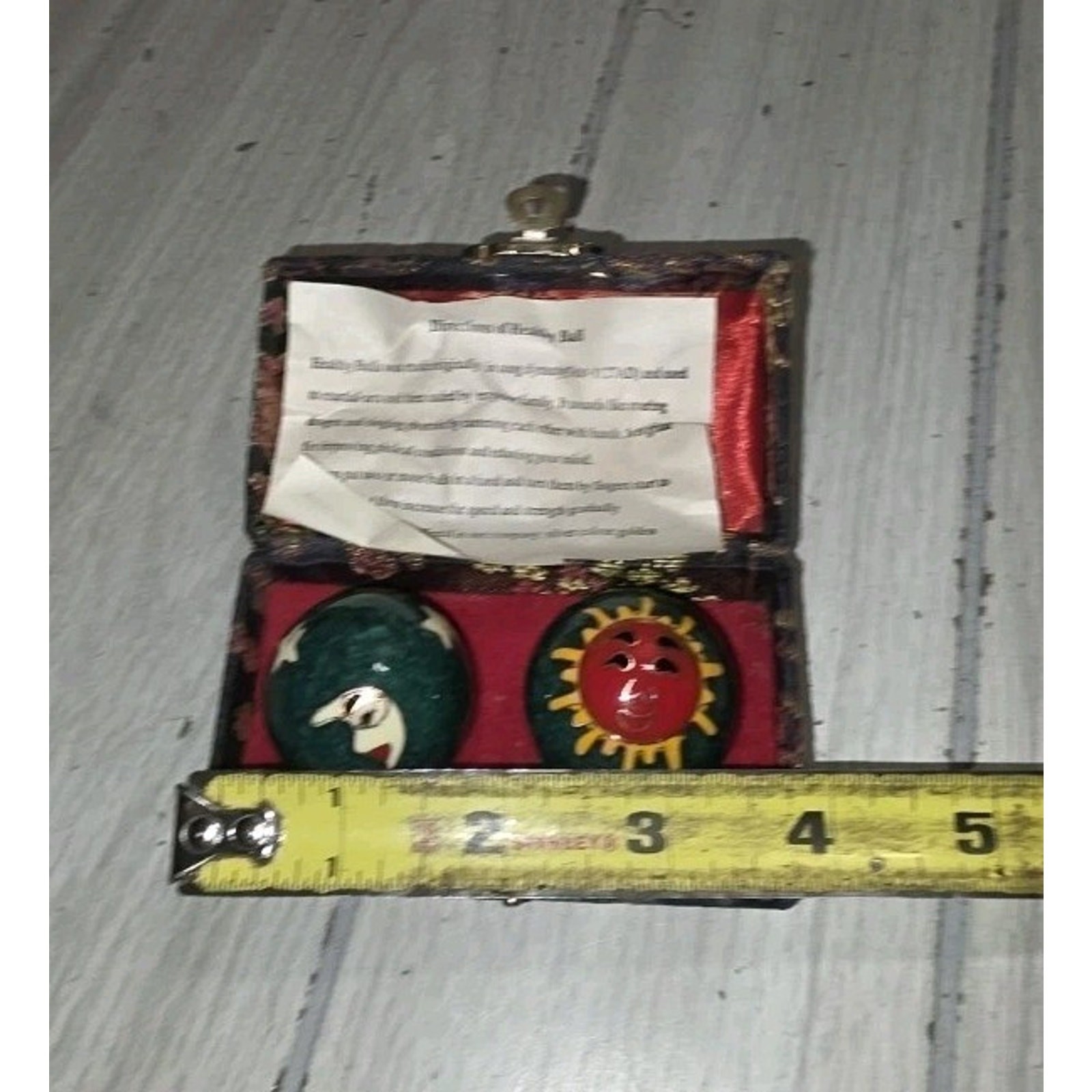 Vtg Celestial Chinese Baoding Balls Green Sun/Moon Therapy In Red Case Exercise