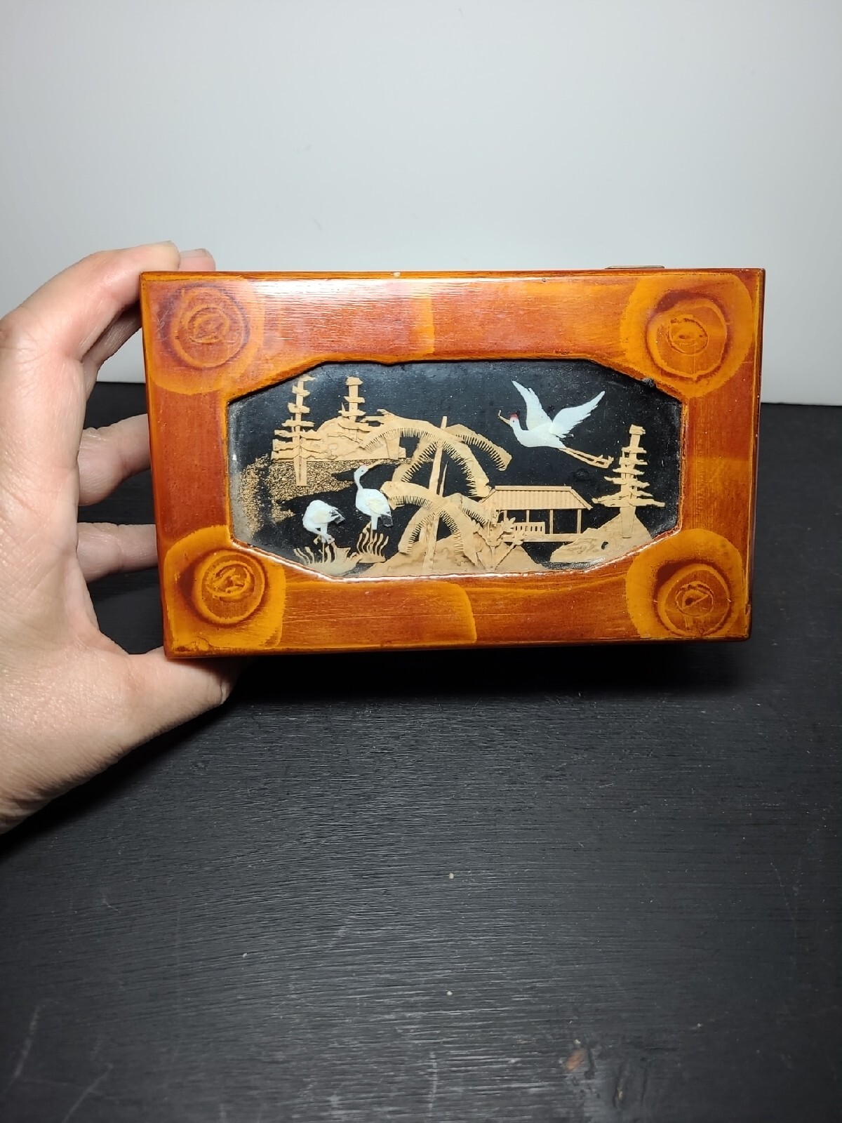 Chinese Trinket box Cork and Crane in lid window