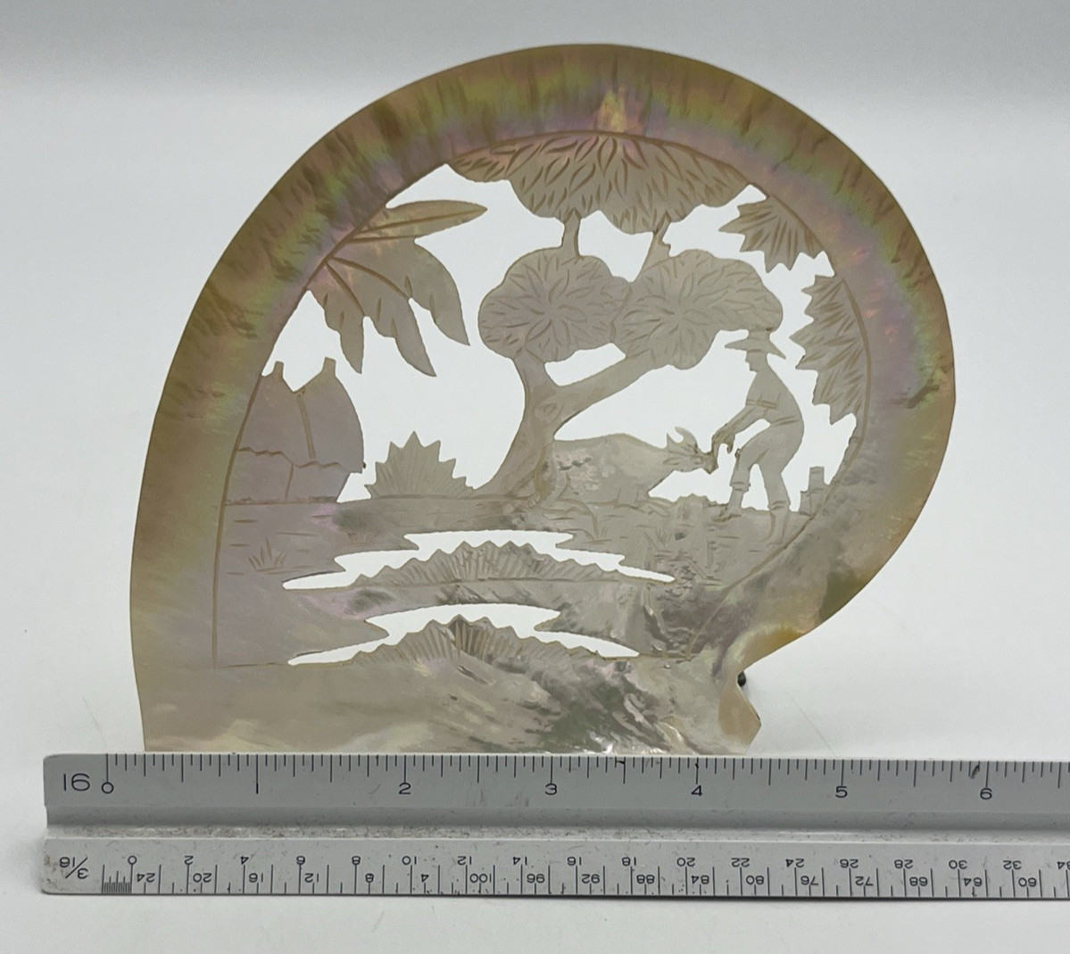 Carved Mother of Pearl Shell Asian Scene with Stand 6″ Tall