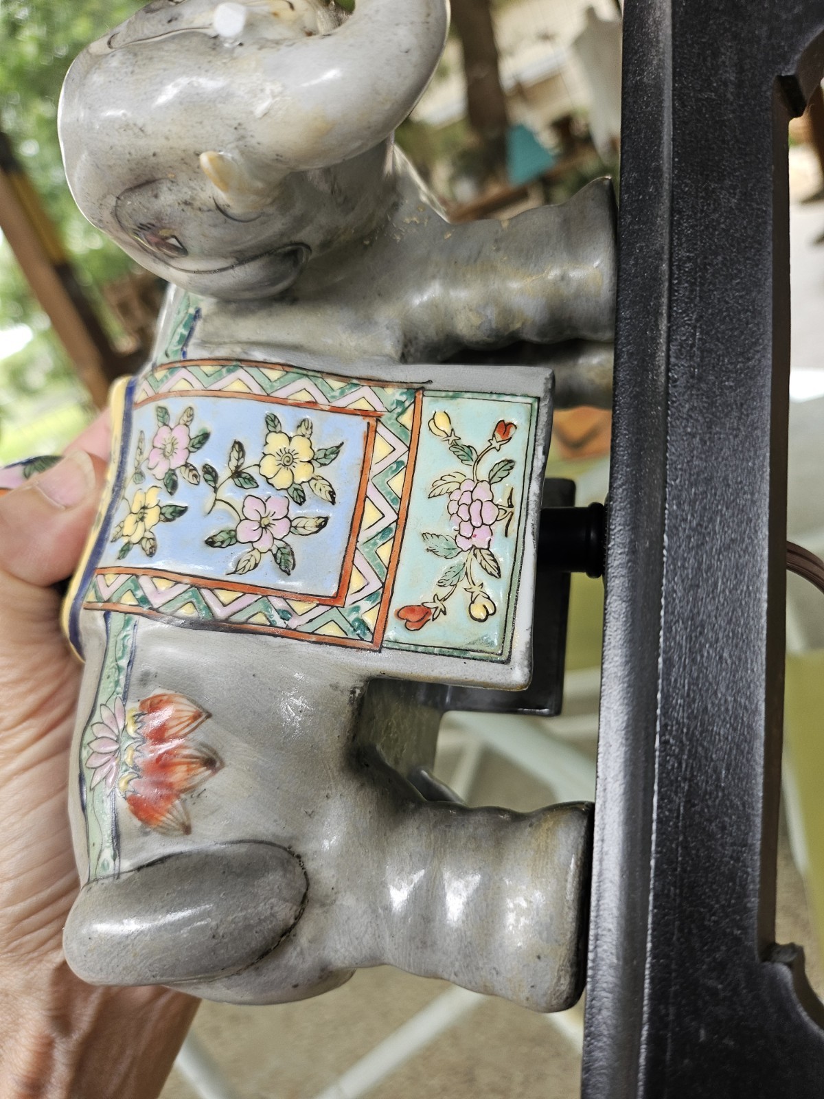 Vintage CHINESE ENAMELED PORCELAIN ELEPHANT WITH A ZUN VASE Turned Lamp