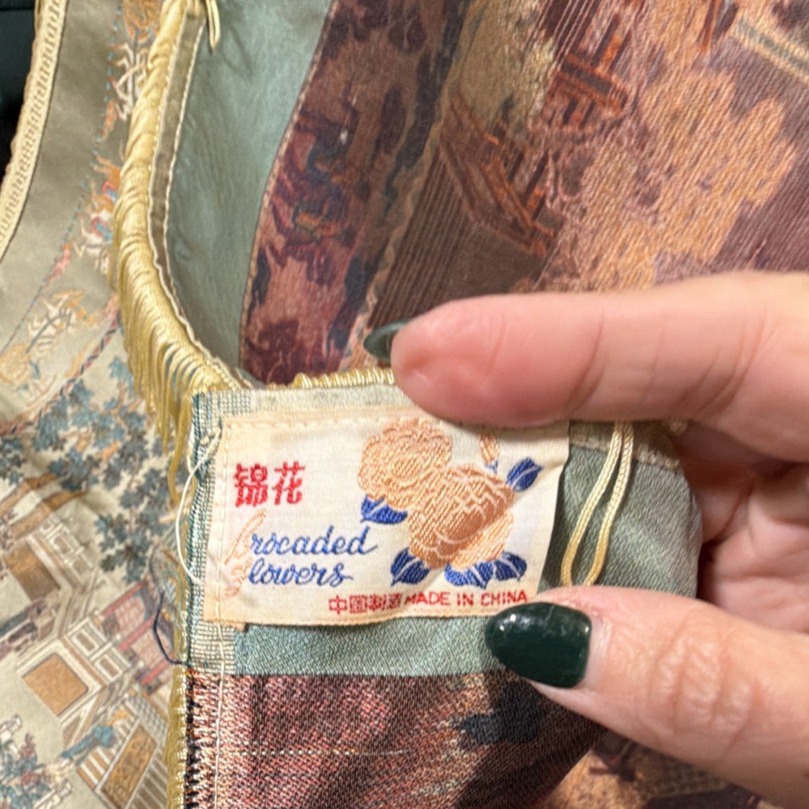Chinese Decorative Brocade Tapestry with Pagoda and Garden Scene