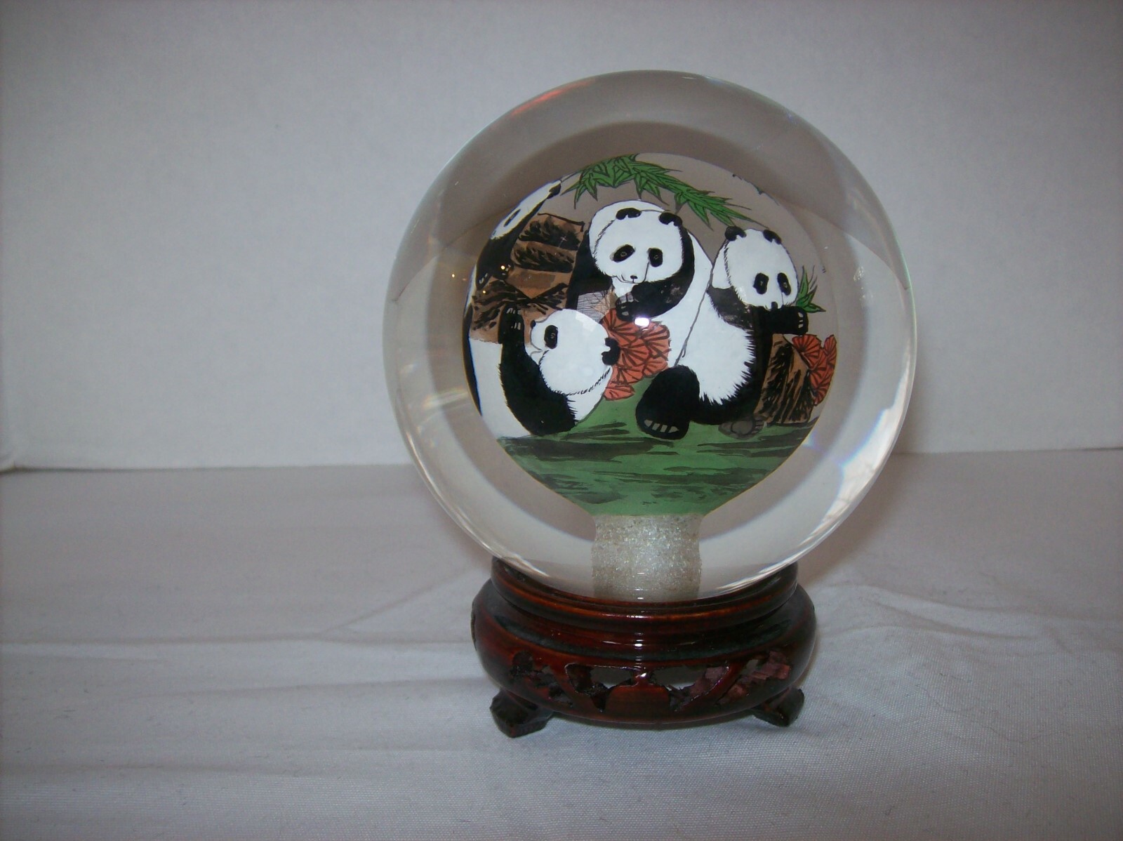 Asian Panda Bears Reverse Hand Painted Solid Glass Ball-Orb-Sphere-Globe w/Stand