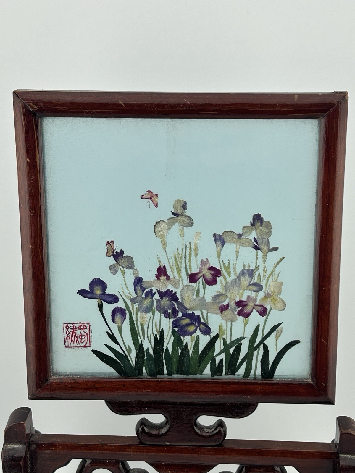 Vintage Chinese Suzhou Silk Embroidery Under Glass Table Screen Floral 1950s