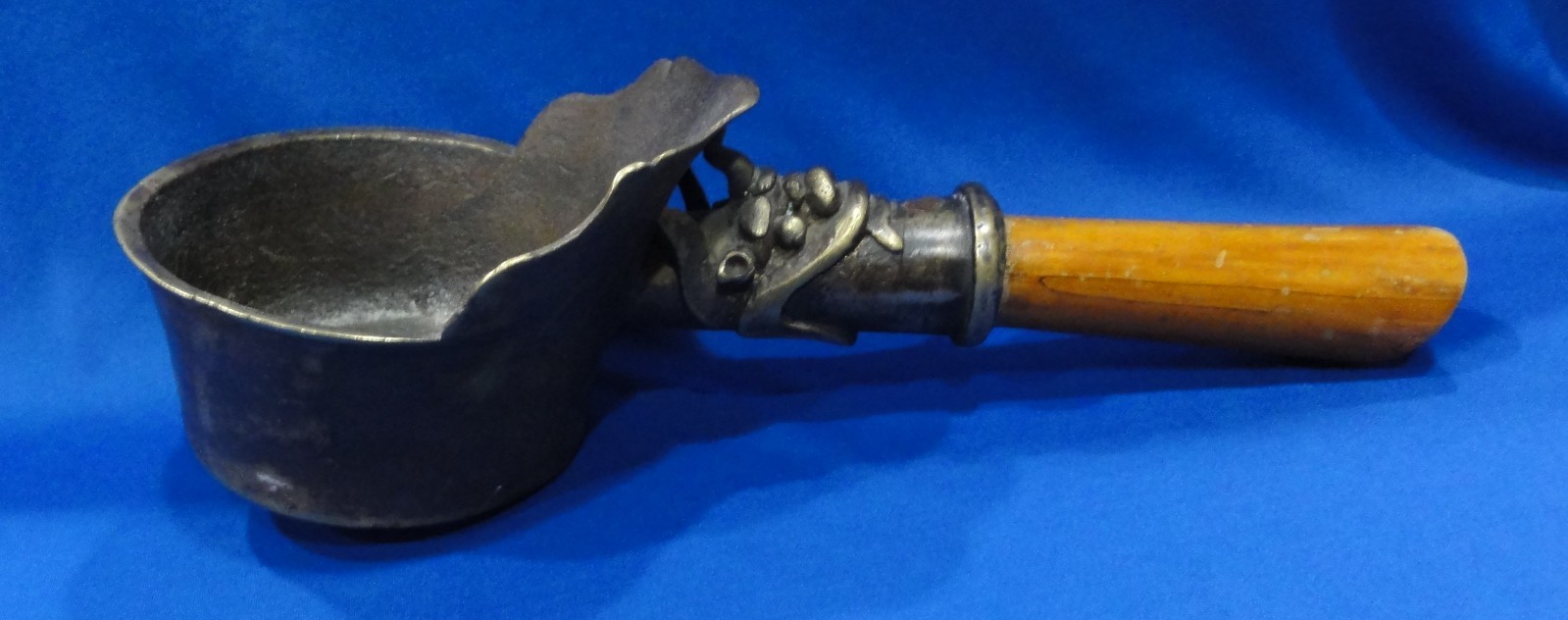ANTIQUE CHINESE BRONZE CHARCOAL SILK IRON, HEAVY DUTY, 13.75” LONG, WOOD HANDLE
