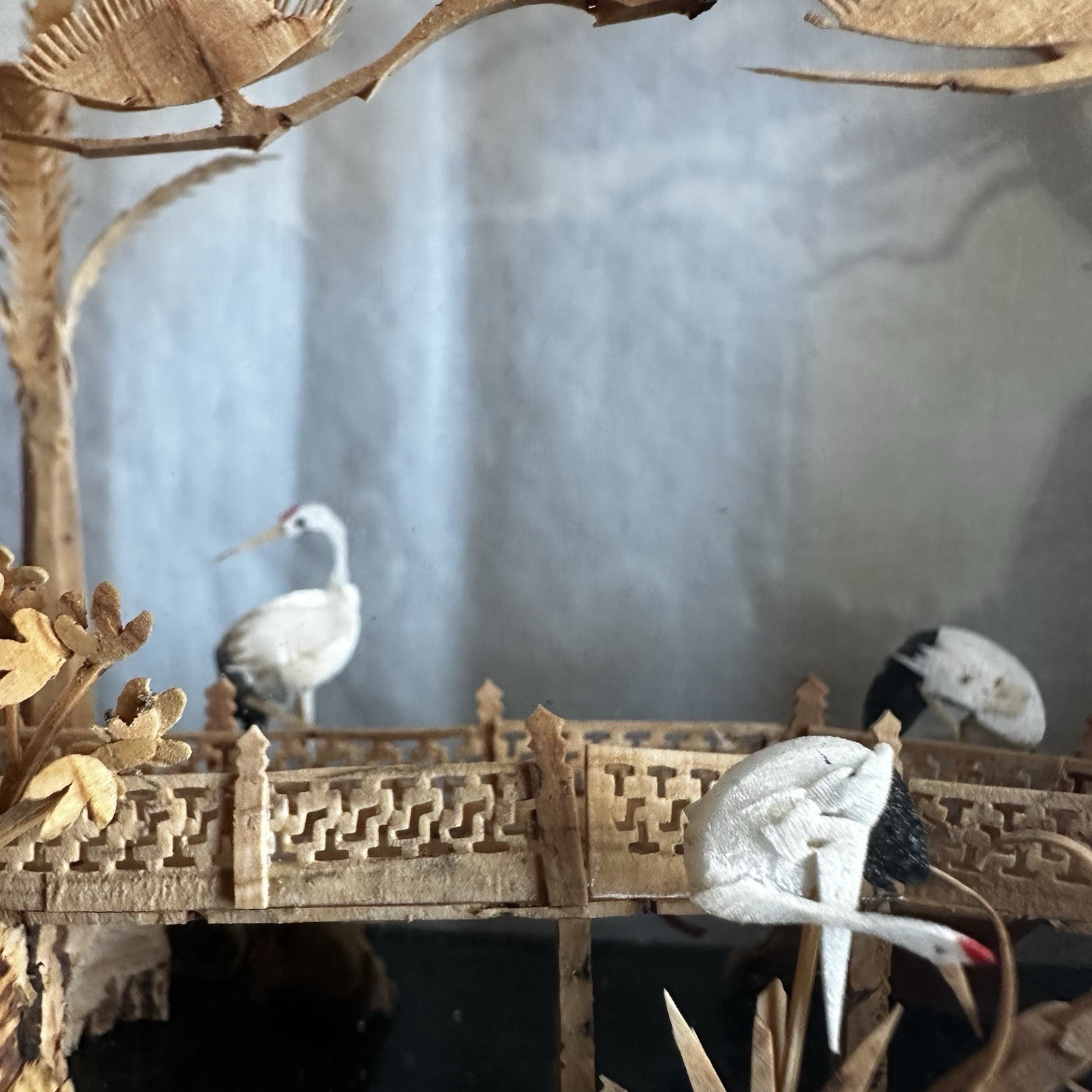 Vintage Chinese Cork Art Diorama 12.5” Pagoda Bridge Cranes Display Case