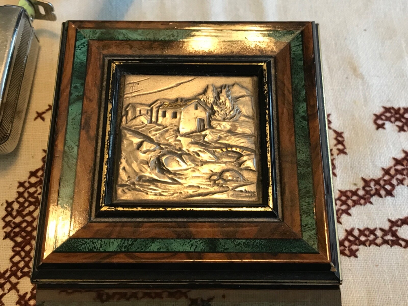 VINTAGE CARVED METAL RELIEF SCENE ITALY black laquer marguetry