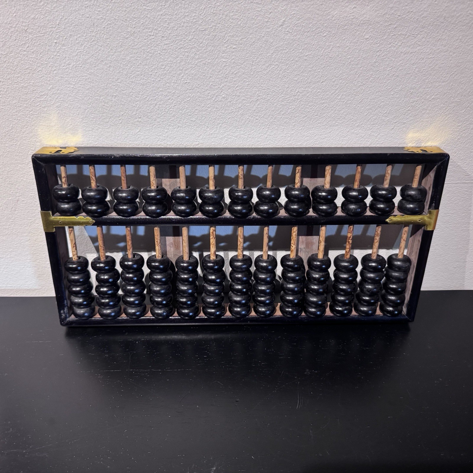 Vintage Abacus Brass & Natural Wood 13 Rows 91 Beads 14.5in Black