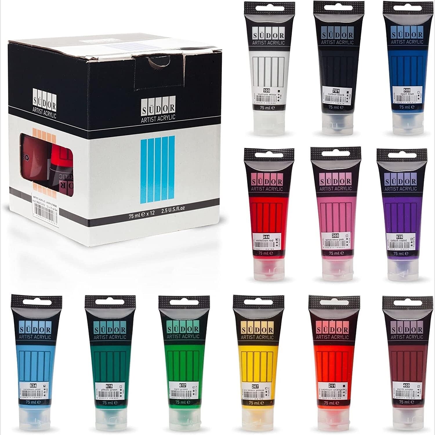 Südor Acrylic Paint Set of 12Colors – Waterproof, Vibrant, Non-Toxic for Artists