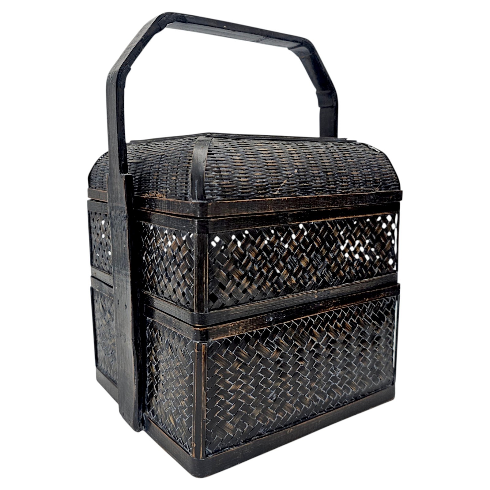 Vintage Chinese Wedding Basket Black Lacquer Woven Bamboo Export 13″ PRC
