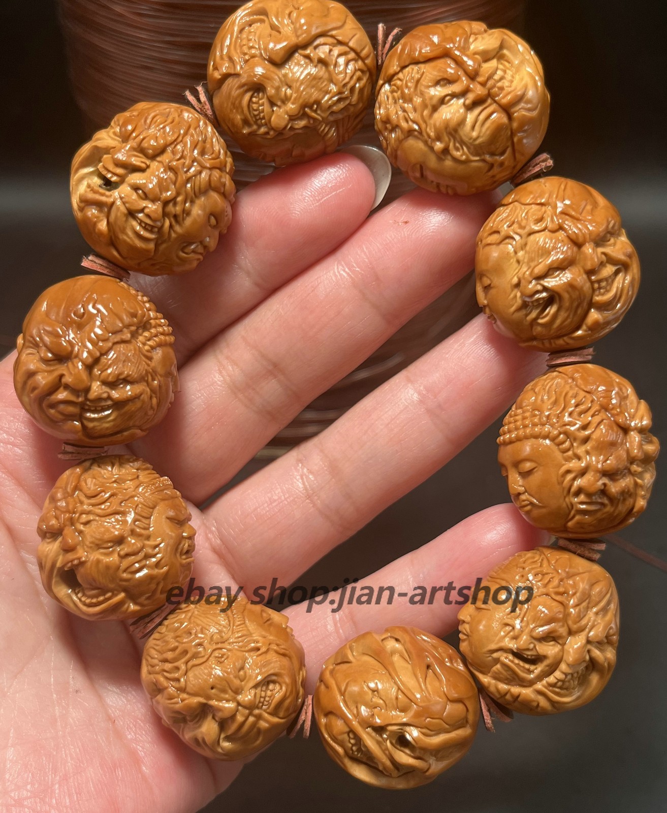 Large Olive Dentoliva Deep Relief Carving “Good Vs. Evil” Fierce Monk Bracelet