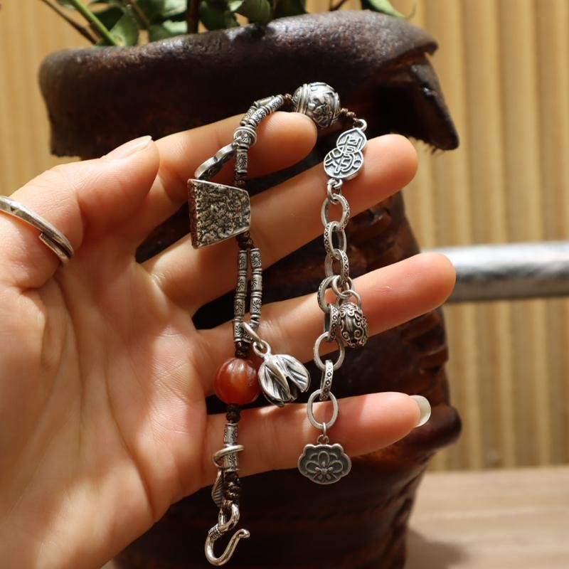 Vintage Fu Lock Multi Gem Bracelet Silver Agate Fortune Beaded Bangle
