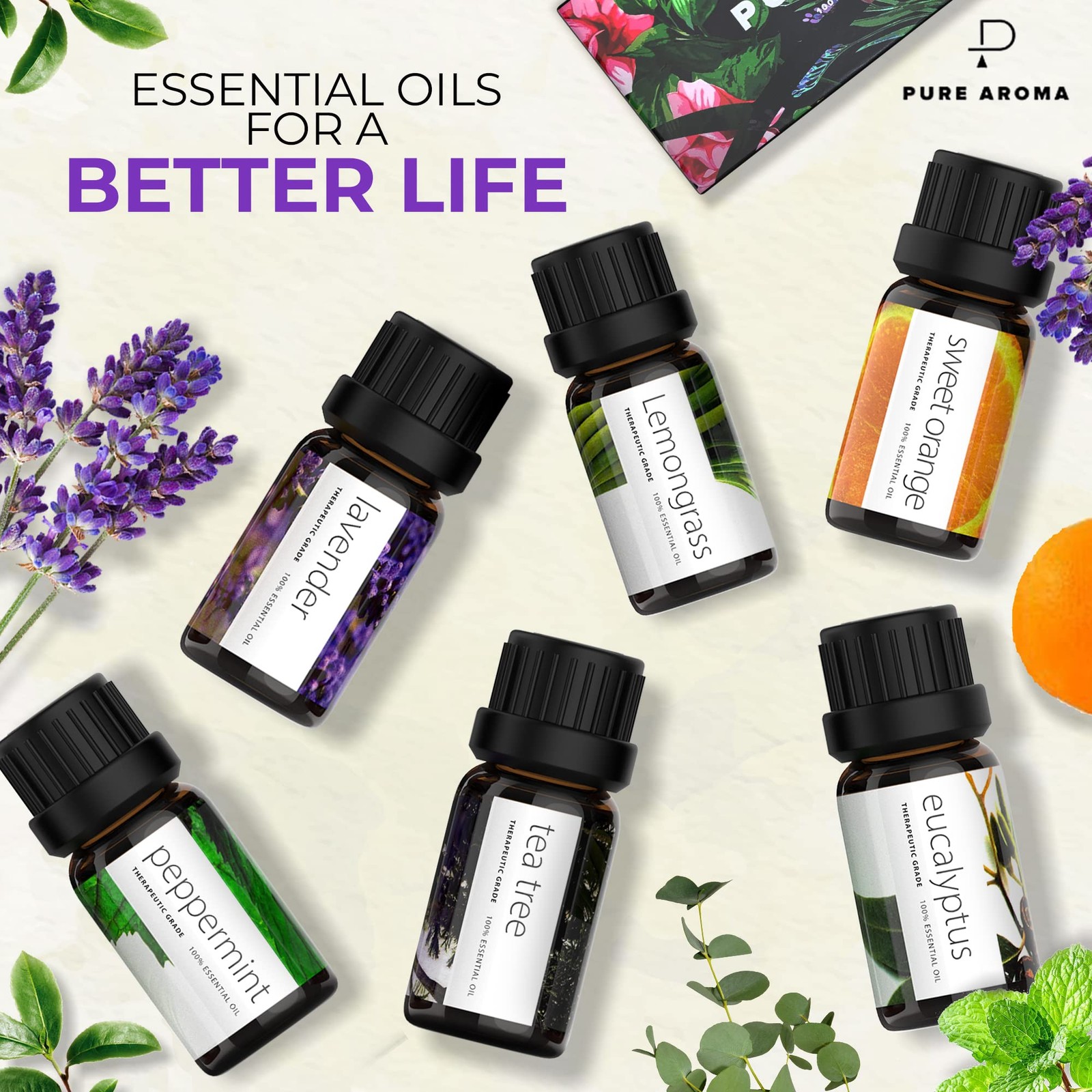 Essential Oils Set by Pure Aroma – Top 6 Aromatherapy 0.33 Fl Oz (Pack of 6)