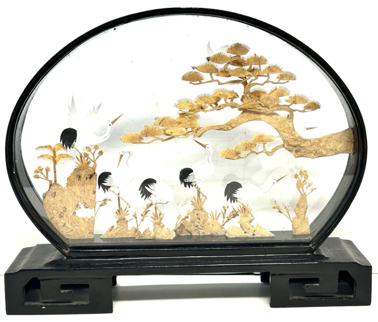 VTG CHINESE WOOD CARVED CORK ART 3D DIORAMA CRANES BIRDS PAGODA GARDEN 11 X 9