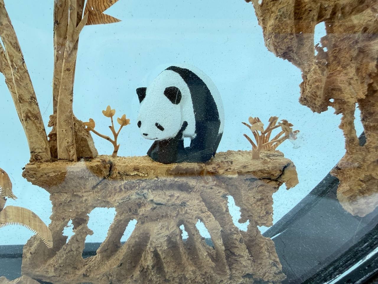 Chinese Cork Carving Panda Diorama Glass Wood Frame Tabletop Decor 1.5 lb