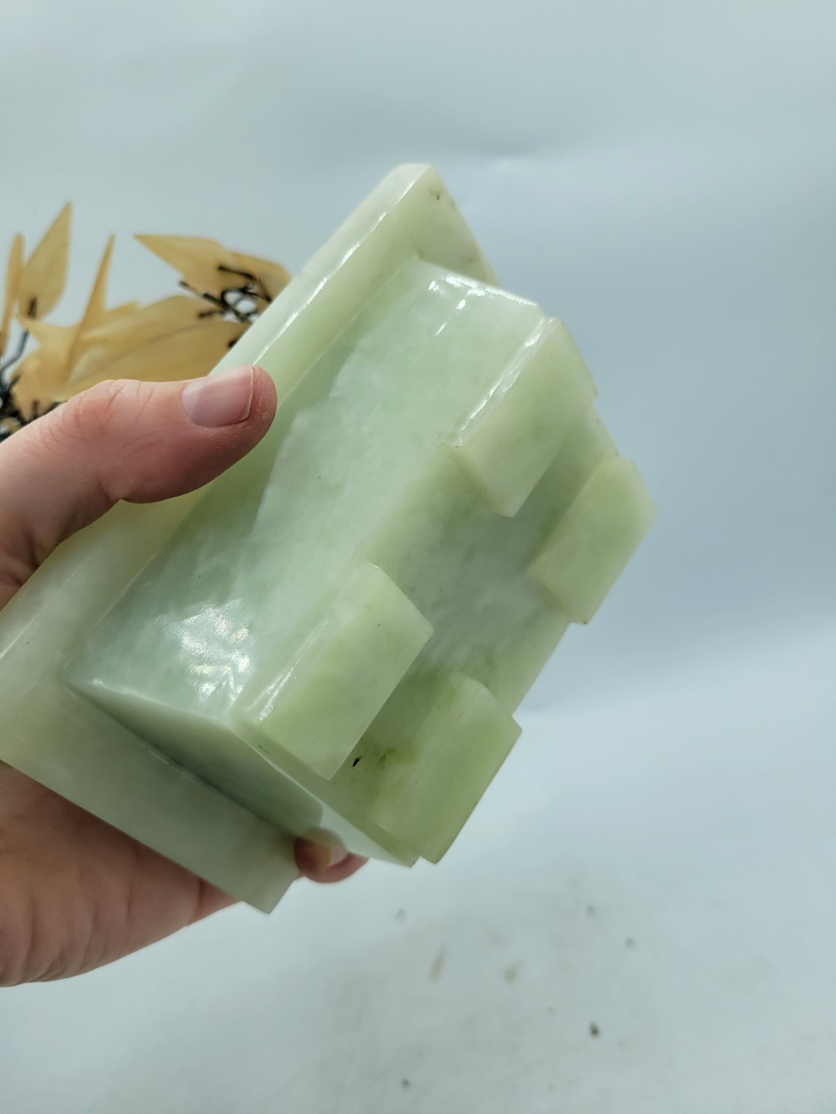 Antique Japanese Jade & Agate Stone Glass? Peach Bonsai Tree 10″ x 10″