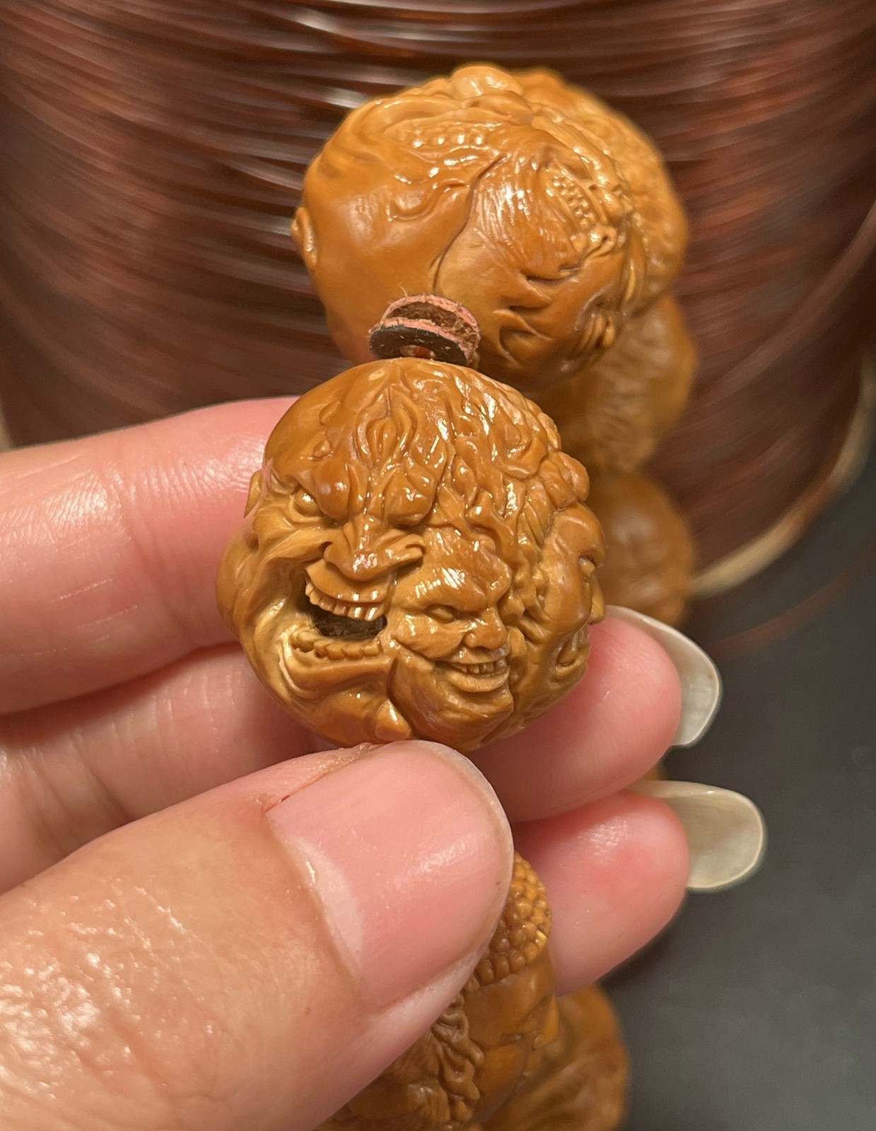 Large Olive Dentoliva Deep Relief Carving “Good Vs. Evil” Fierce Monk Bracelet