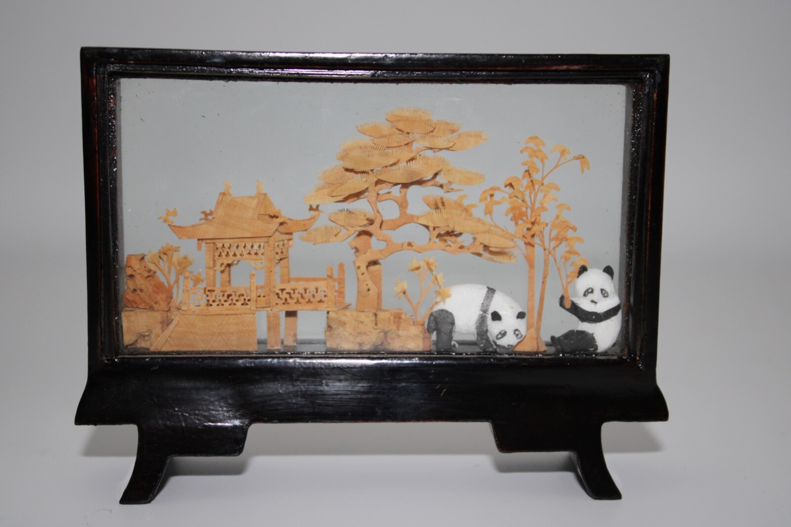 VTG Chinese Cork Carving Diorama Miniature Sculpture Scene with Pandas 3.75×5″