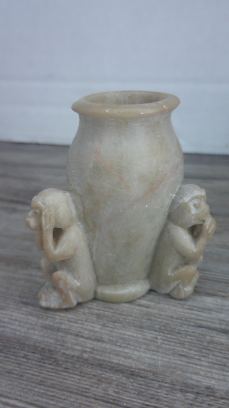 vintage Chinese soap stone toothpick holder hand carved hear see peak no evil