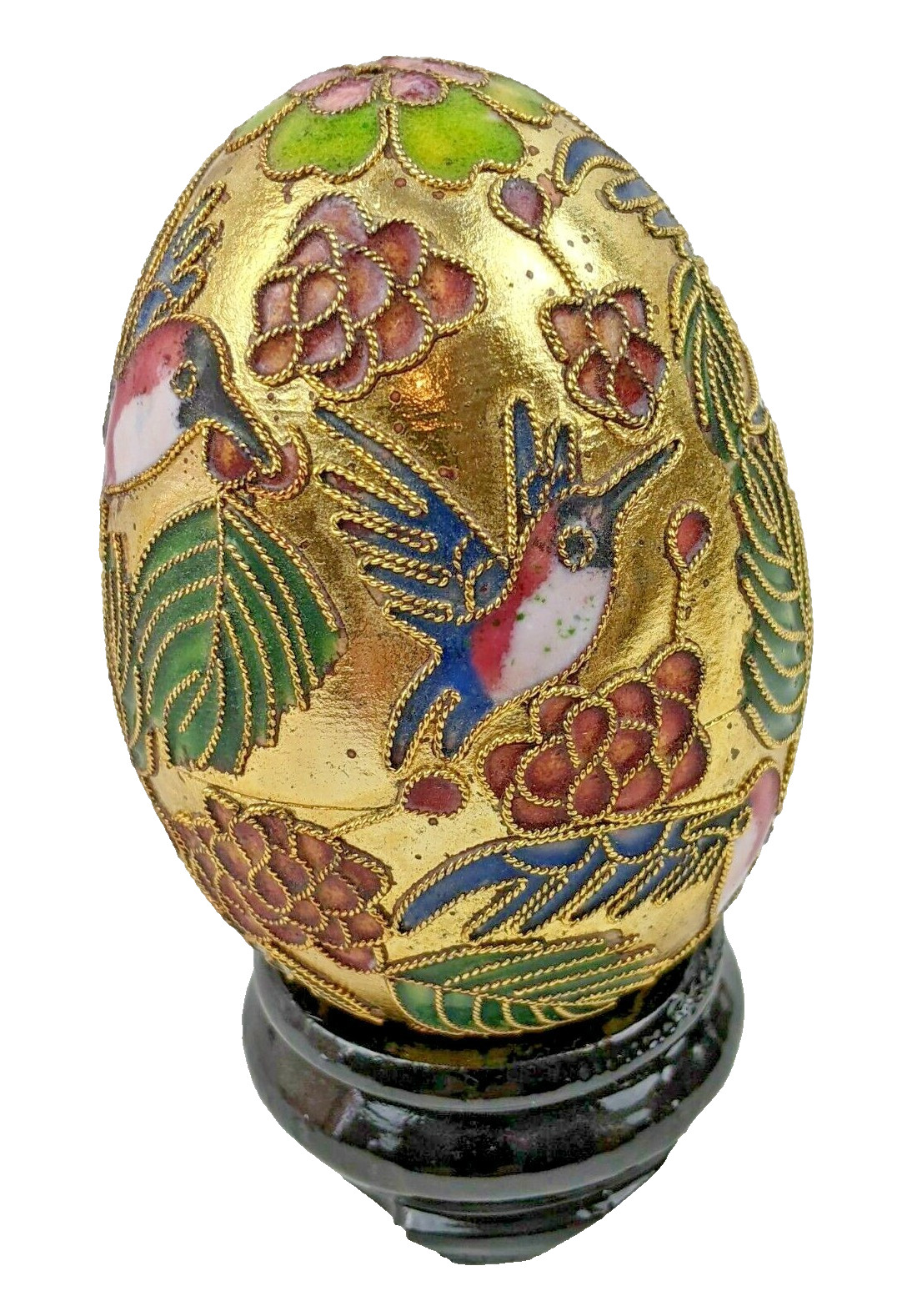 Large 4″ Enamel Egg Hummingbirds & Flowers Chinese Cloisonne Gold Metal Brass